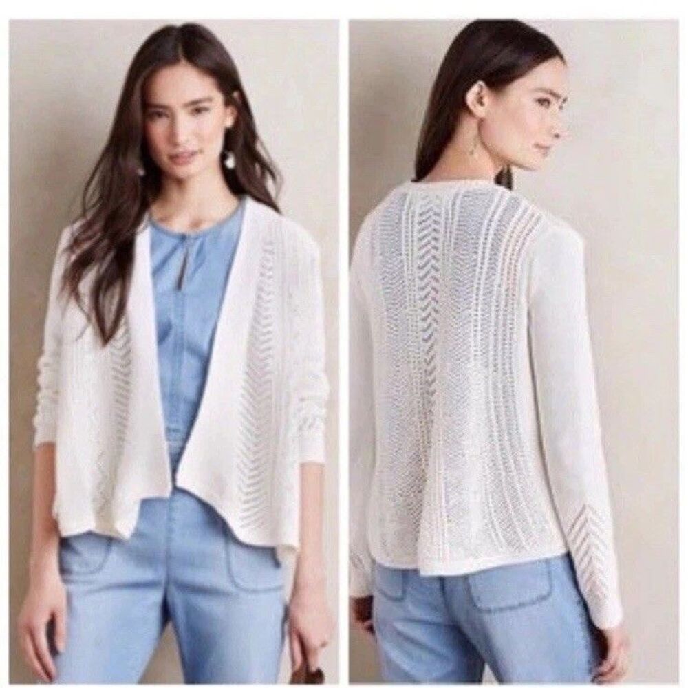 Anthropologie Rosie Neira Nansen Ivory Pointelle Drape Cotton Cardigan Sweater S